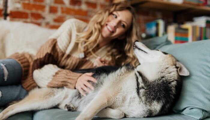 perro acostado con duena en el sofa