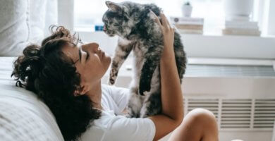 mujer sosteniendo gato en el aire