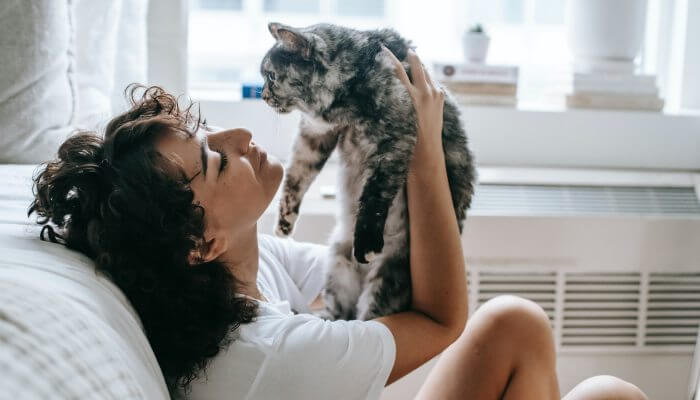 mujer sosteniendo gato en el aire