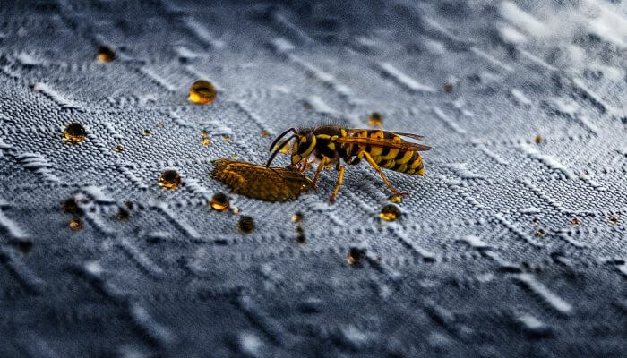 avispa alimentandose de jugo sobre mantel